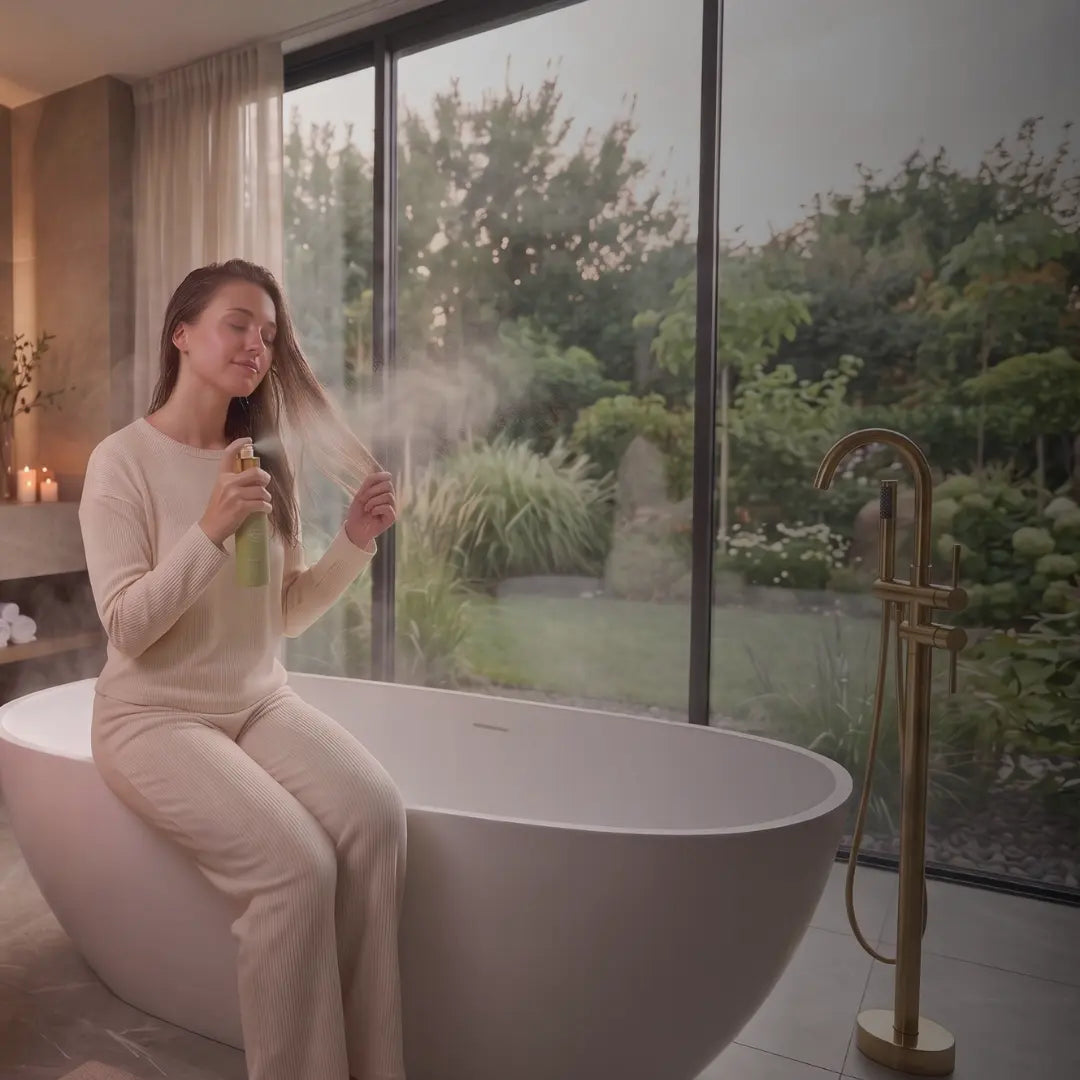 A woman in a cream loungewear set sits on the edge of a white freestanding bathtub in a modern bathroom, holding a green spray bottle and misting her hair. A gold floor-mounted shower fixture stands nearby, with large windows behind her showing a garden view.